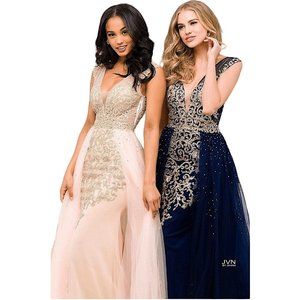 Jovani Navy Gold lace Tulle Embroidered Gown